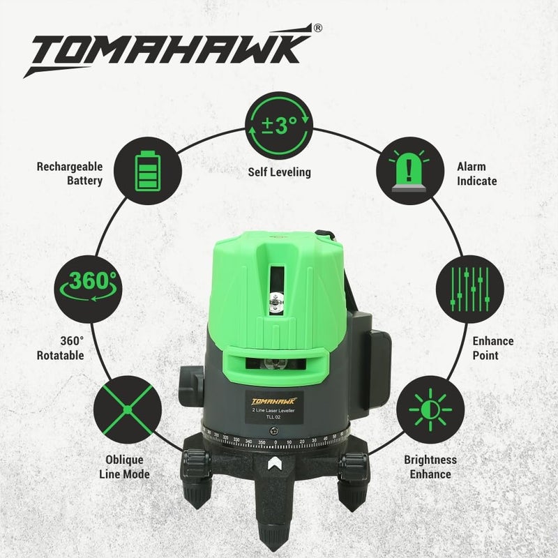 Tomahawk Professtional TLL-B-02-N 2 Lines 3D Horizontal and vertical green laser cross self leveling laser level - Waterproof and Rechargeable - Image 3