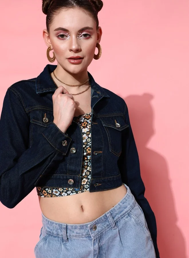 STREET 9 Blue Solid Crop Denim Jacket for Women
