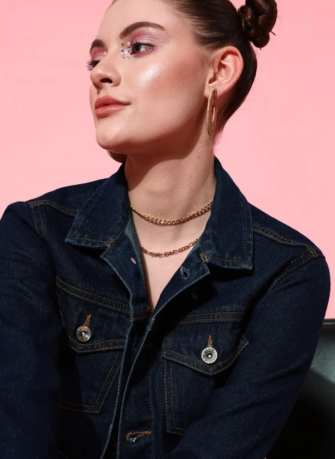 STREET 9 Blue Solid Crop Denim Jacket for Women