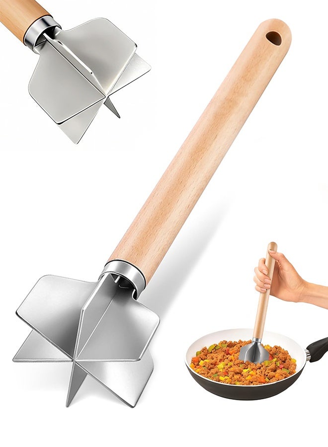 11 Inch 304 Stainless Steel Meat Masher with 6 Blades, Heavy Duty Metal Potato Masher Ground Beef Chopper for Hamburger Meat Mashed Potatoes Jam Baby Food - Image 1
