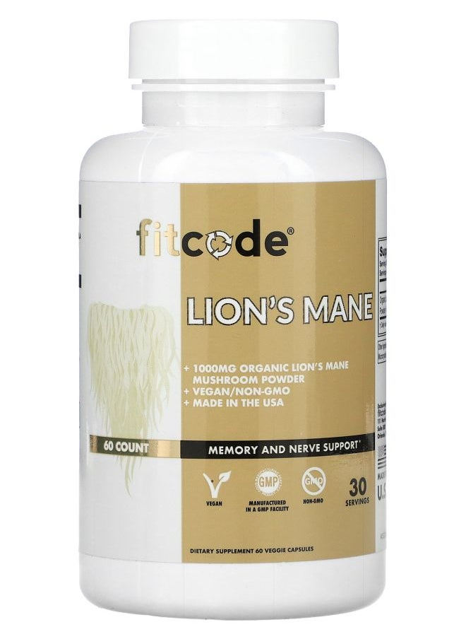 fitcode Lion's Mane 1000 mg 60 Veggie Capsules (500 mg per Capsule) 