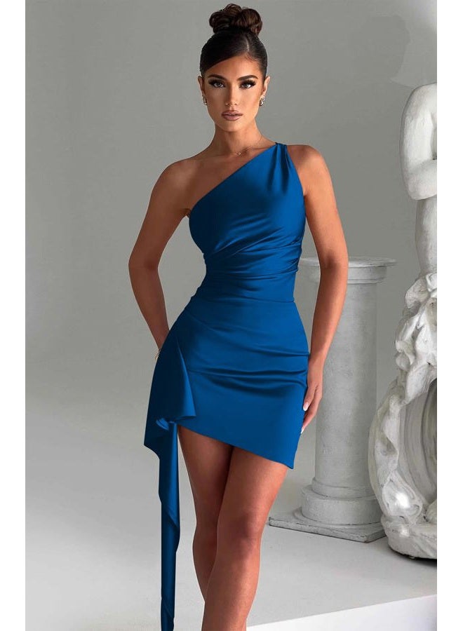 Memoriesea Women's One Shoulder Ruched Bodycon Sleeveless Mini Club Party Dress, Deep Blue, M - Image 3