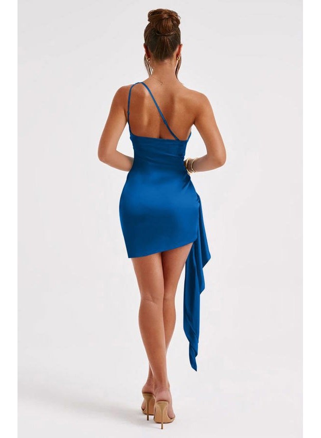 Memoriesea Women's One Shoulder Ruched Bodycon Sleeveless Mini Club Party Dress, Deep Blue, M - Image 4