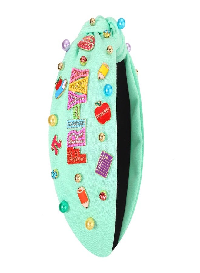 CEALXHENY Teacher Headband, Teacher Accessories, Crystal Pearl Knotted Headband for Women Cute Book Pencil Teach Charms Embellished Jeweled Top Knot Hairband, Teacher Appreciation Gifts (Pattern I) - Image 5