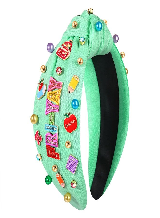 CEALXHENY Teacher Headband, Teacher Accessories, Crystal Pearl Knotted Headband for Women Cute Book Pencil Teach Charms Embellished Jeweled Top Knot Hairband, Teacher Appreciation Gifts (Pattern I) - Image 1