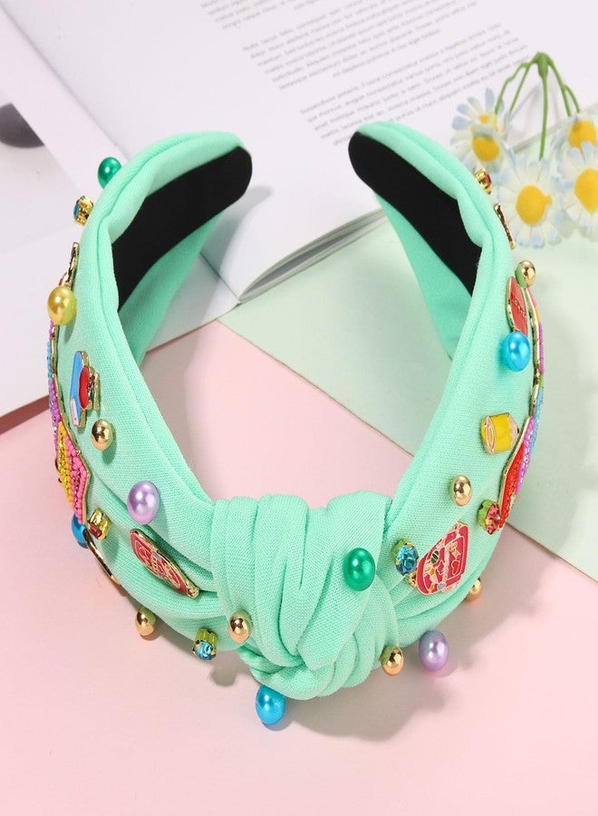 CEALXHENY Teacher Headband, Teacher Accessories, Crystal Pearl Knotted Headband for Women Cute Book Pencil Teach Charms Embellished Jeweled Top Knot Hairband, Teacher Appreciation Gifts (Pattern I) - Image 3