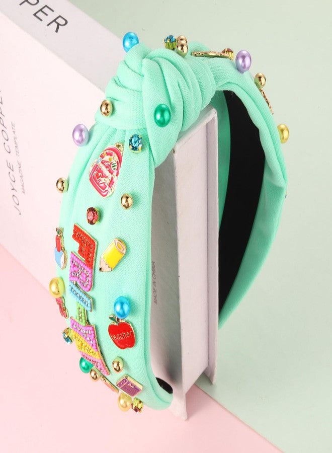 CEALXHENY Teacher Headband, Teacher Accessories, Crystal Pearl Knotted Headband for Women Cute Book Pencil Teach Charms Embellished Jeweled Top Knot Hairband, Teacher Appreciation Gifts (Pattern I) - Image 4
