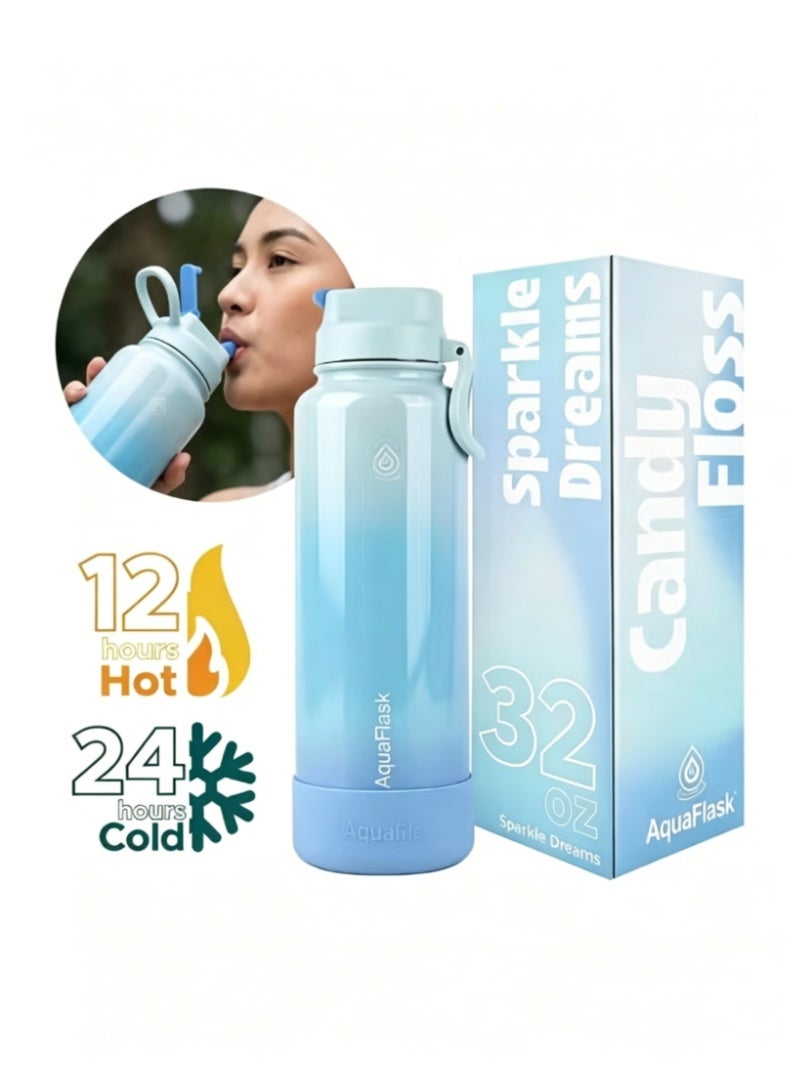 أكوافلاسك زجاجة مياه معزولة بتفريغ الهواء من أكوافلاسك بنكهة حلوى القطن، سع لتر (32 أونصة)، بتصميم سباركل دريمز - Image 1