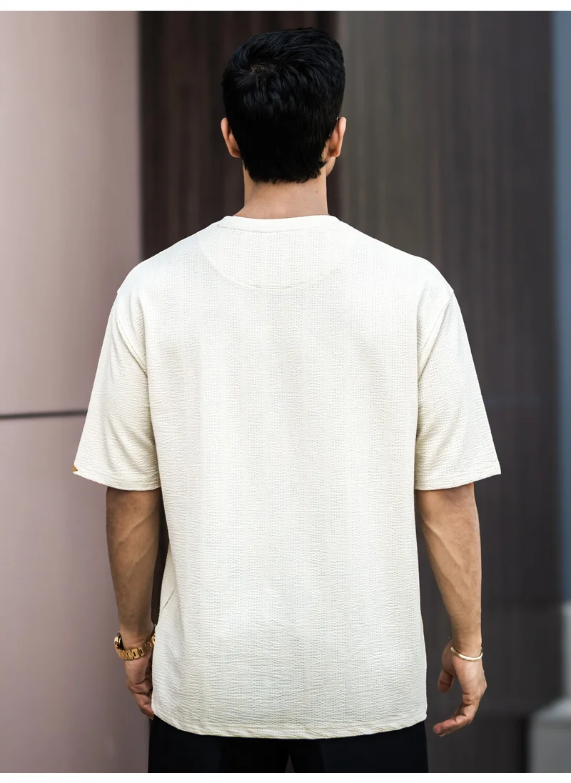 Maniac Maniac Mens Textured Round Neck 3/4th Sleeve SeerSucker Fabric T-Shirt