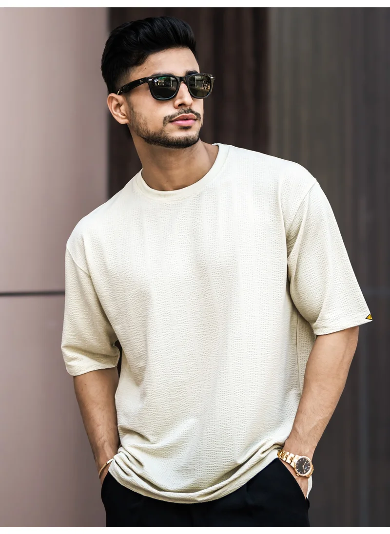 Maniac Maniac Mens Textured Round Neck 3/4th Sleeve SeerSucker Fabric T-Shirt