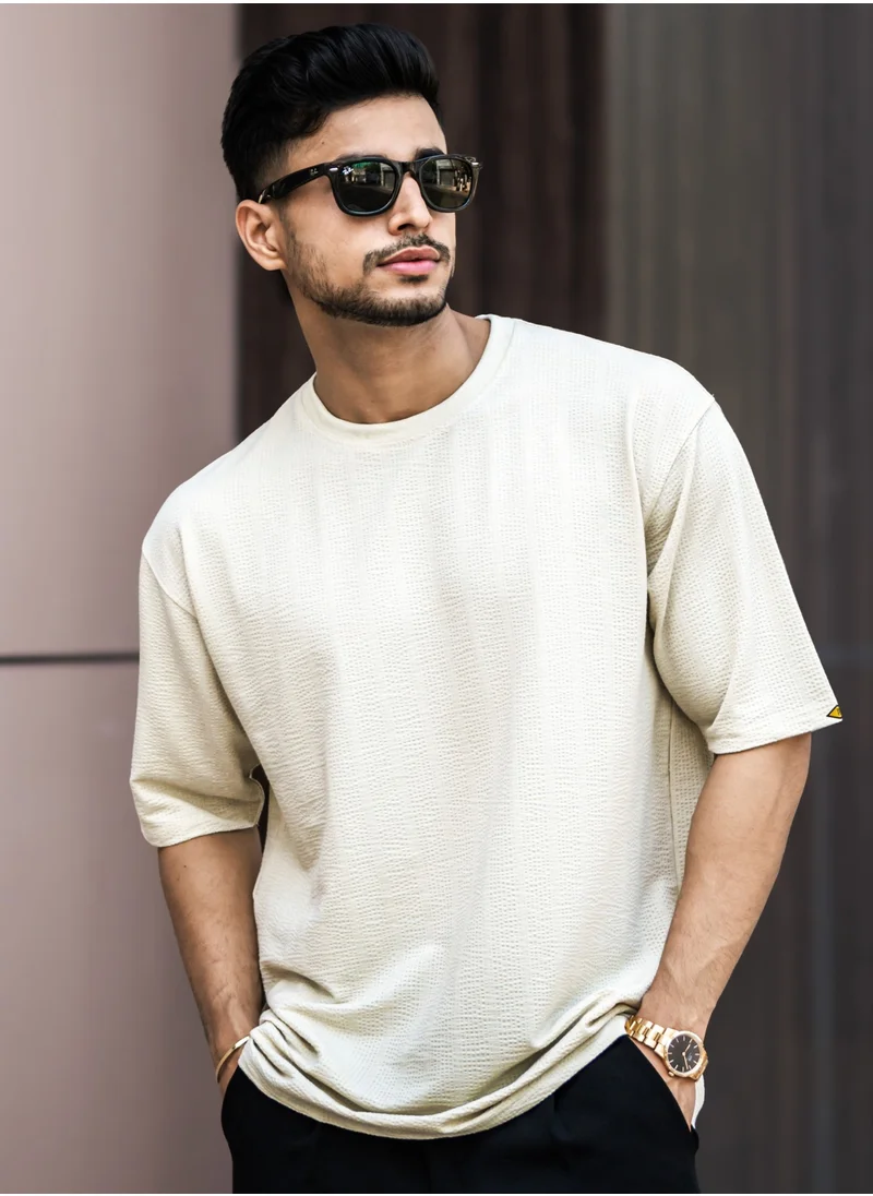 Maniac Maniac Mens Textured Round Neck 3/4th Sleeve SeerSucker Fabric T-Shirt