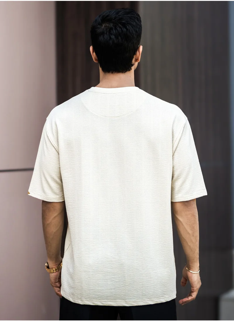 Maniac Maniac Mens Textured Round Neck 3/4th Sleeve SeerSucker Fabric T-Shirt
