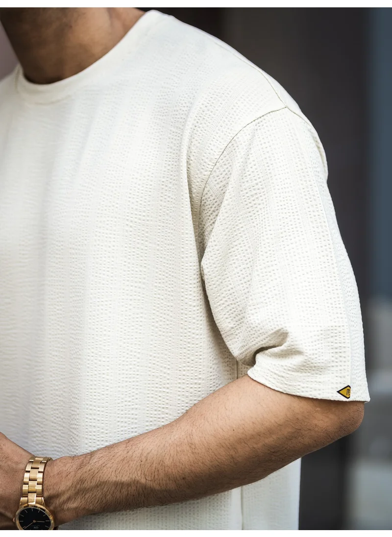 Maniac Maniac Mens Textured Round Neck 3/4th Sleeve SeerSucker Fabric T-Shirt