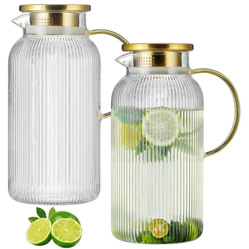 Buaic 2 PACK Glass Pitcher with Lid, 84oz/2.5L Liter Classic Vertical Stripes Water Pitcher,Glass Water Carafe for Cold Brew, Coffee, Lemonade, Iced Tea,Sun Tea, Beverage, Heat Resistant - Image 1