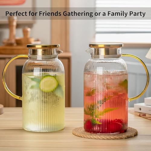 Buaic 2 PACK Glass Pitcher with Lid, 84oz/2.5L Liter Classic Vertical Stripes Water Pitcher,Glass Water Carafe for Cold Brew, Coffee, Lemonade, Iced Tea,Sun Tea, Beverage, Heat Resistant - Image 4