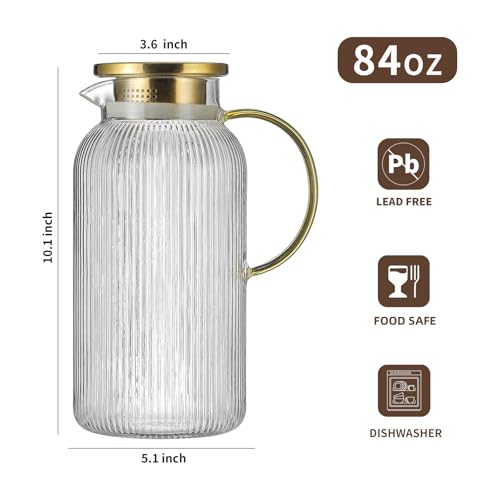 Buaic 2 PACK Glass Pitcher with Lid, 84oz/2.5L Liter Classic Vertical Stripes Water Pitcher,Glass Water Carafe for Cold Brew, Coffee, Lemonade, Iced Tea,Sun Tea, Beverage, Heat Resistant - Image 2
