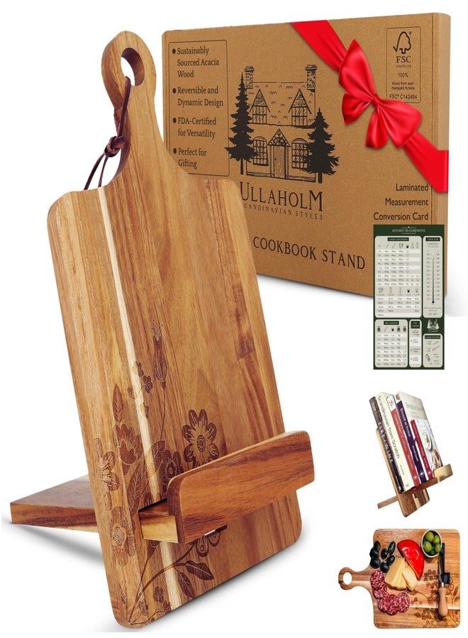 ULLAHOLM Wood Cookbook Stand for Kitchen Counter - Reversible Wooden Recipe Book Holder Stand with Cooking Measurement Conversion Card - Gift-Ready Adjustable Tablet Cook Book Holder with Charging Cable Slot - Image 1