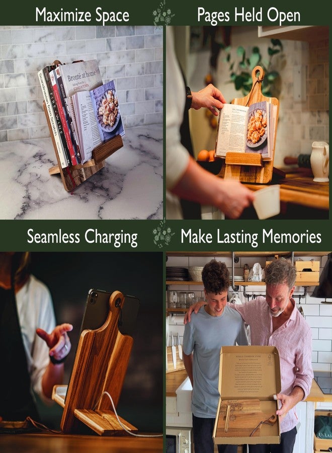 ULLAHOLM Wood Cookbook Stand for Kitchen Counter - Reversible Wooden Recipe Book Holder Stand with Cooking Measurement Conversion Card - Gift-Ready Adjustable Tablet Cook Book Holder with Charging Cable Slot - Image 3