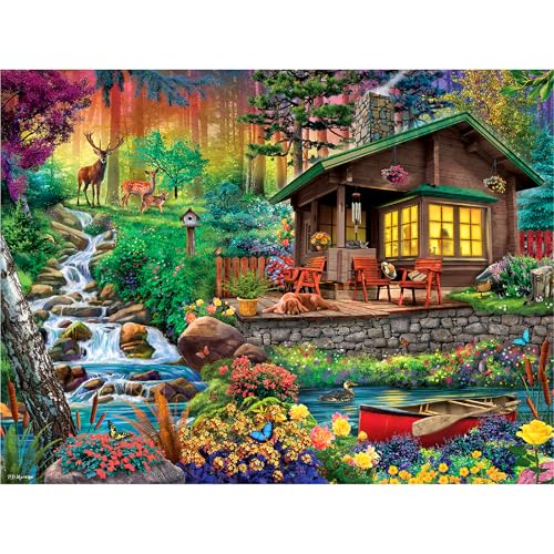 WHITE MOUNTAIN وايت ماونتن 500 قطعة بانوراما الربيع للأزهار - لغز صور مع قطع كبيرة - هدية للكبار 18x24 - كوخ في الغابة - Image 1
