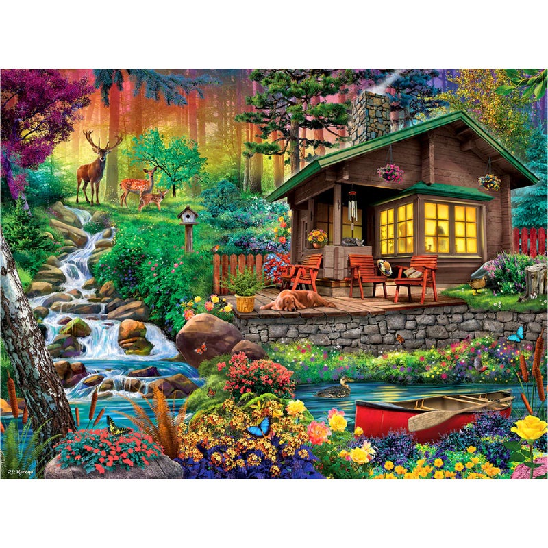 WHITE MOUNTAIN وايت ماونتن 500 قطعة بانوراما الربيع للأزهار - لغز صور مع قطع كبيرة - هدية للكبار 18x24 - كوخ في الغابة - Image 3