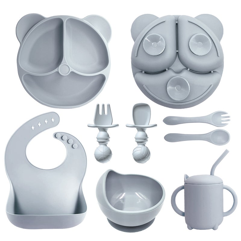 Silicone Baby Dining Set Soft Bib Bowl Spoon Grey -8 PCSD bear plate + snail bowl + sippy cup + Bib + silicone long fork spoon + spherical short fork spoon
