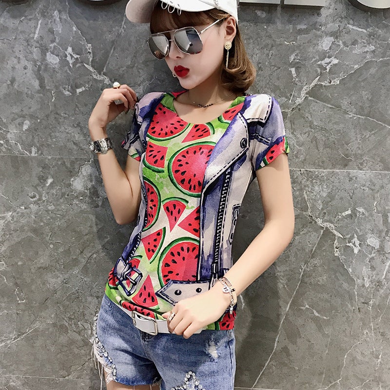 2023 Fashion Printed Short Sleeve Bottoming Shirt Slim Top 20 Collection Of A Generation Of Hair - Image 1