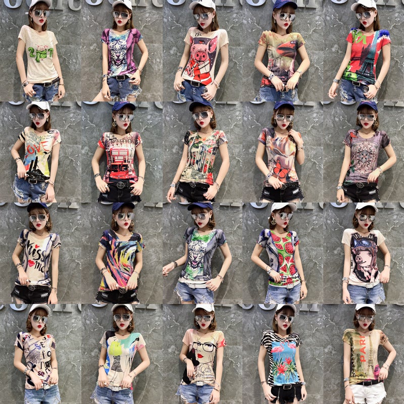 2023 Fashion Printed Short Sleeve Bottoming Shirt Slim Top 20 Collection Of A Generation Of Hair - Image 2