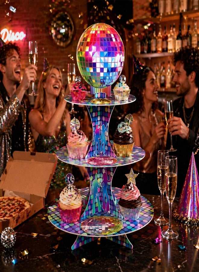 CHENRINDECO 3 Tier Disco Cupcake Stand Vintage Disco Party Dessert Holder 70s 80s 90s Disco Themed Birthday Party Bachelorette and Neon Party Supplies - Image 2