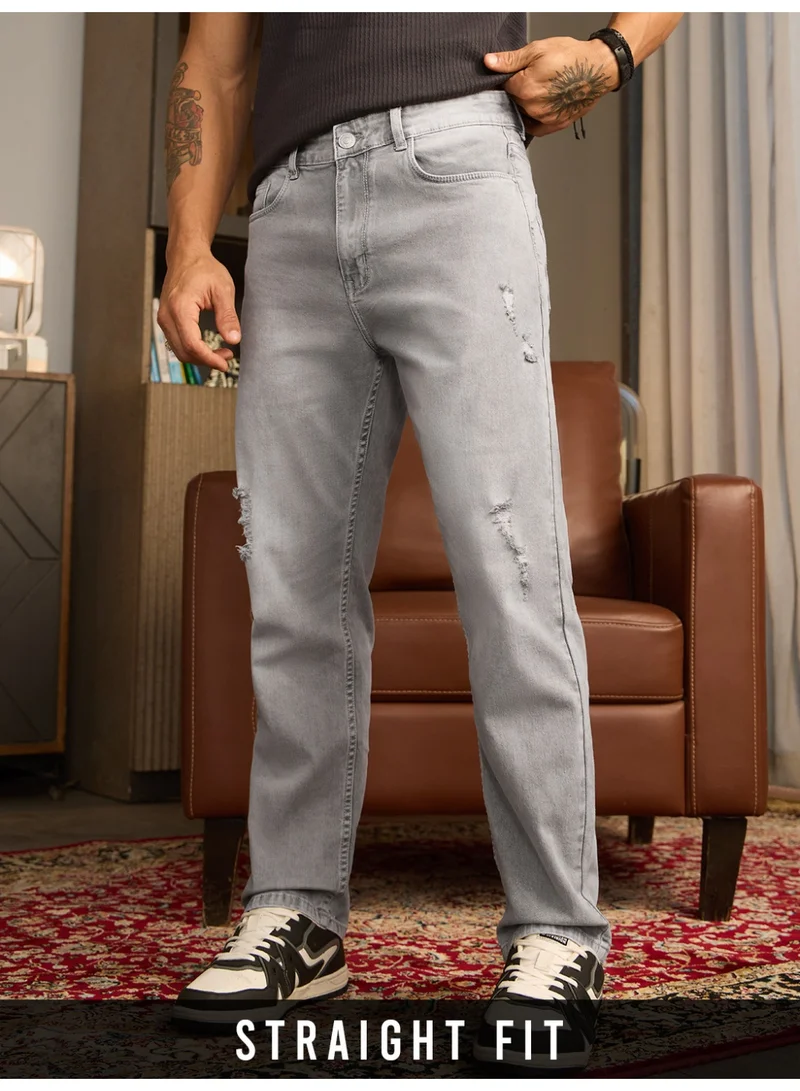 The Souled Store Men Granite Grey Solid Straight Fit Jeans