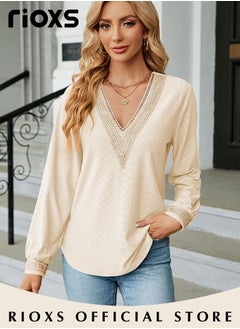 RIOXS Women's Lace Stitching Casual Blouses,V-neck Long Sleeve Sweartshirt,Knitted Lace Cuff Solid Color Jacquard Top,Soft Comfortable Pullover Shirt,Dressy Casual Trendy Tops For Work/Office/Vacation/Travel/Basic Daily Wear  - Image 3