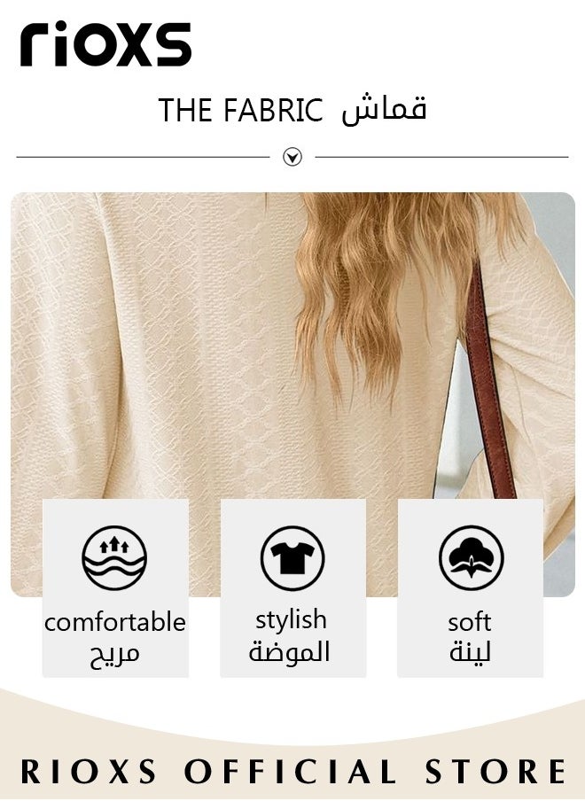 RIOXS - Women's Lace Stitching Casual Blouses,V-neck Long Sleeve Sweartshirt,Knitted Lace Cuff Solid Color Jacquard Top,Soft Comfortable Pullover Shirt,Dressy Casual Trendy Tops For Work/Office/Vacation/Travel/Basic Daily Wear - Image 1