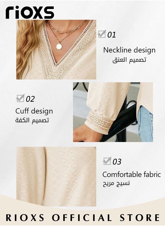 RIOXS - Women's Lace Stitching Casual Blouses,V-neck Long Sleeve Sweartshirt,Knitted Lace Cuff Solid Color Jacquard Top,Soft Comfortable Pullover Shirt,Dressy Casual Trendy Tops For Work/Office/Vacation/Travel/Basic Daily Wear - Image 1