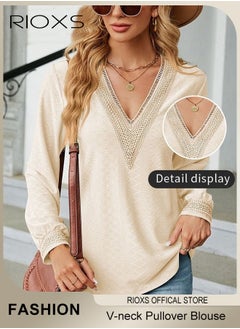 RIOXS Women's Lace Stitching Casual Blouses,V-neck Long Sleeve Sweartshirt,Knitted Lace Cuff Solid Color Jacquard Top,Soft Comfortable Pullover Shirt,Dressy Casual Trendy Tops For Work/Office/Vacation/Travel/Basic Daily Wear  - Image 1