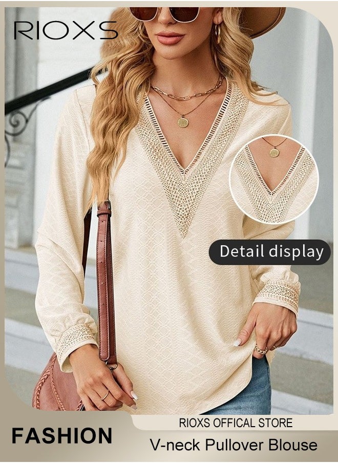 RIOXS - Women's Lace Stitching Casual Blouses,V-neck Long Sleeve Sweartshirt,Knitted Lace Cuff Solid Color Jacquard Top,Soft Comfortable Pullover Shirt,Dressy Casual Trendy Tops For Work/Office/Vacation/Travel/Basic Daily Wear - Image 1