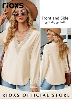 RIOXS Women's Lace Stitching Casual Blouses,V-neck Long Sleeve Sweartshirt,Knitted Lace Cuff Solid Color Jacquard Top,Soft Comfortable Pullover Shirt,Dressy Casual Trendy Tops For Work/Office/Vacation/Travel/Basic Daily Wear  - Image 2