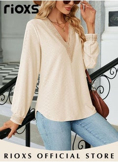 RIOXS Women's Lace Stitching Casual Blouses,V-neck Long Sleeve Sweartshirt,Knitted Lace Cuff Solid Color Jacquard Top,Soft Comfortable Pullover Shirt,Dressy Casual Trendy Tops For Work/Office/Vacation/Travel/Basic Daily Wear  - Image 5