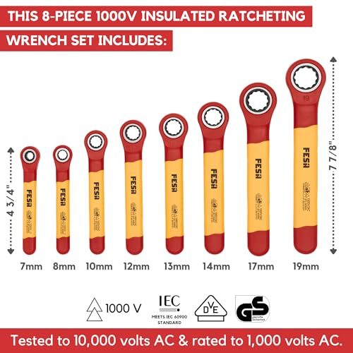 FESA Insulated Ratchet Wrench Set - 8-Piece 1000V Box Wrench Set with Storage Pouch - Metric Insulated Wrenches Included in This Electrician Tool Set 7mm, 8mm, 10mm, 12mm, 13mm, 14mm, 17mm, 19 mm - Image 3