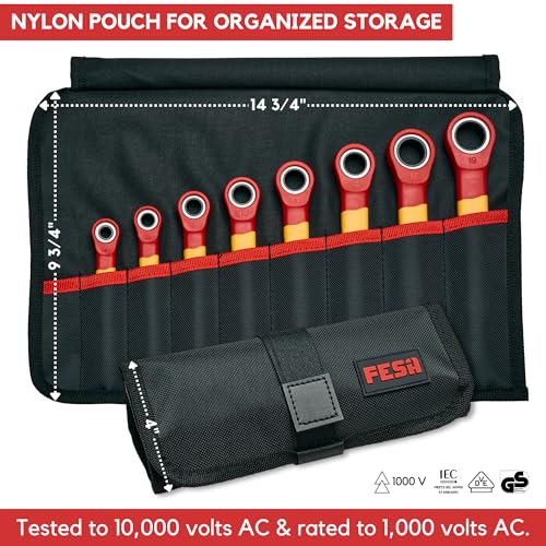 FESA Insulated Ratchet Wrench Set - 8-Piece 1000V Box Wrench Set with Storage Pouch - Metric Insulated Wrenches Included in This Electrician Tool Set 7mm, 8mm, 10mm, 12mm, 13mm, 14mm, 17mm, 19 mm - Image 4