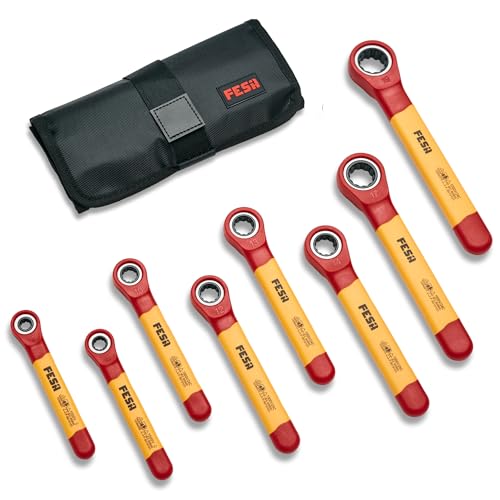 FESA Insulated Ratchet Wrench Set - 8-Piece 1000V Box Wrench Set with Storage Pouch - Metric Insulated Wrenches Included in This Electrician Tool Set 7mm, 8mm, 10mm, 12mm, 13mm, 14mm, 17mm, 19 mm - Image 1