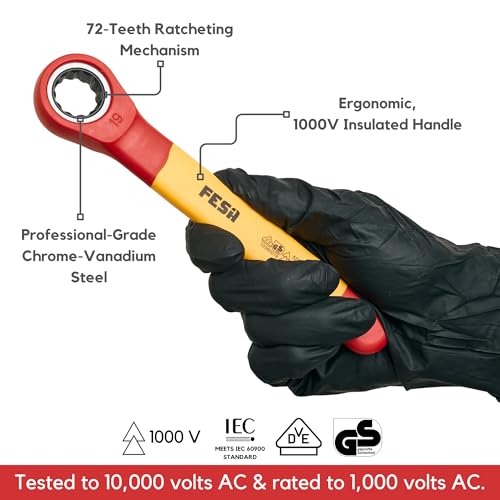 FESA Insulated Ratchet Wrench Set - 8-Piece 1000V Box Wrench Set with Storage Pouch - Metric Insulated Wrenches Included in This Electrician Tool Set 7mm, 8mm, 10mm, 12mm, 13mm, 14mm, 17mm, 19 mm - Image 5