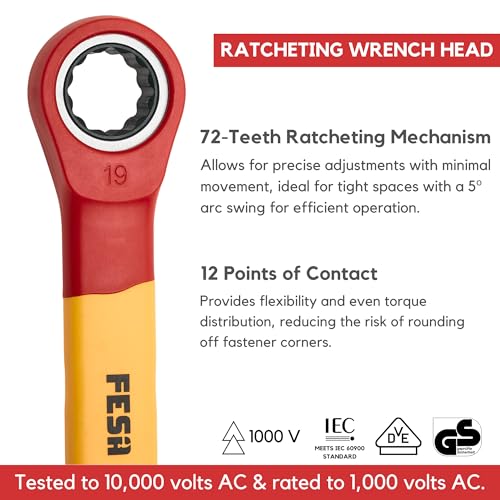 FESA Insulated Ratchet Wrench Set - 8-Piece 1000V Box Wrench Set with Storage Pouch - Metric Insulated Wrenches Included in This Electrician Tool Set 7mm, 8mm, 10mm, 12mm, 13mm, 14mm, 17mm, 19 mm - Image 2