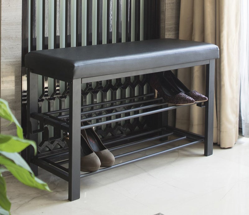 Finnhomy Entryway Shoe Rack with Cushioned Seat, Shoe Bench for Entry, 2 Shelves Storage Bench w/Faux Leather Top Bed Bench, Black - Image 1