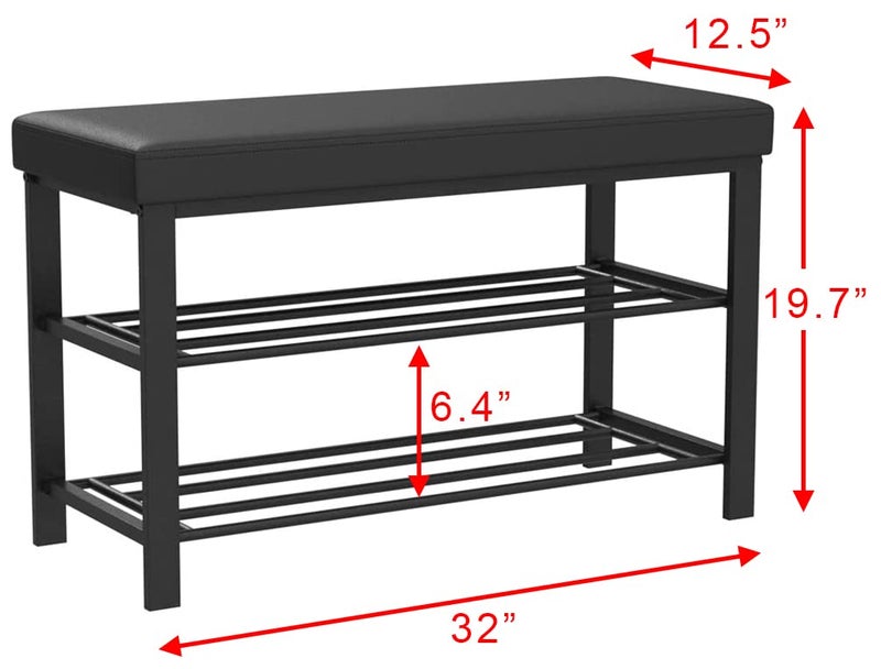 Finnhomy Entryway Shoe Rack with Cushioned Seat, Shoe Bench for Entry, 2 Shelves Storage Bench w/Faux Leather Top Bed Bench, Black - Image 2