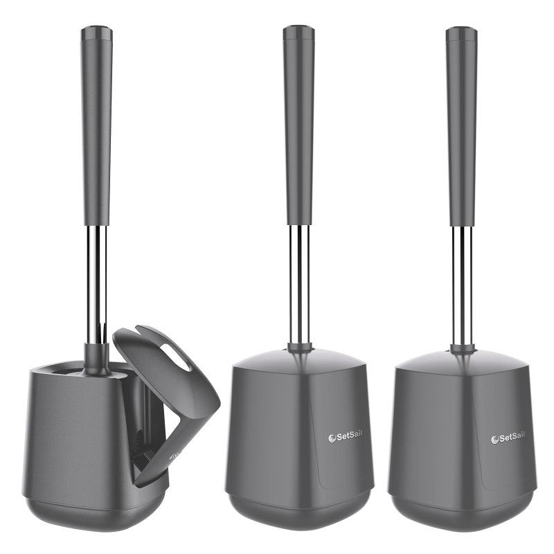 SetSail Toilet Brush and Holder 3 Pack Self Closing Lid Toilet Bowl Brushes Holder Extra Long Handle Ventilated Toilet Brush Set for Bathroom Cleaning Nylon Bristles Grey - Image 2
