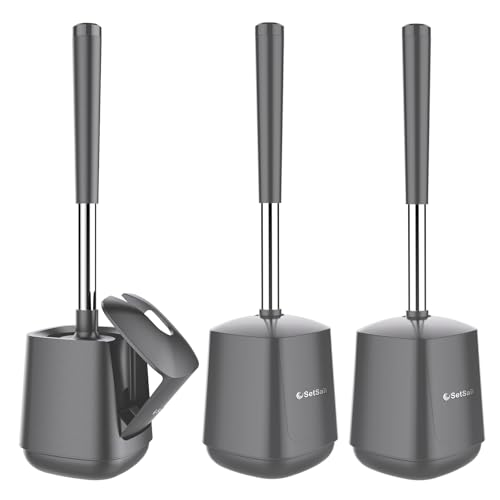 SetSail Toilet Brush and Holder 3 Pack Self Closing Lid Toilet Bowl Brushes Holder Extra Long Handle Ventilated Toilet Brush Set for Bathroom Cleaning Nylon Bristles Grey - Image 1