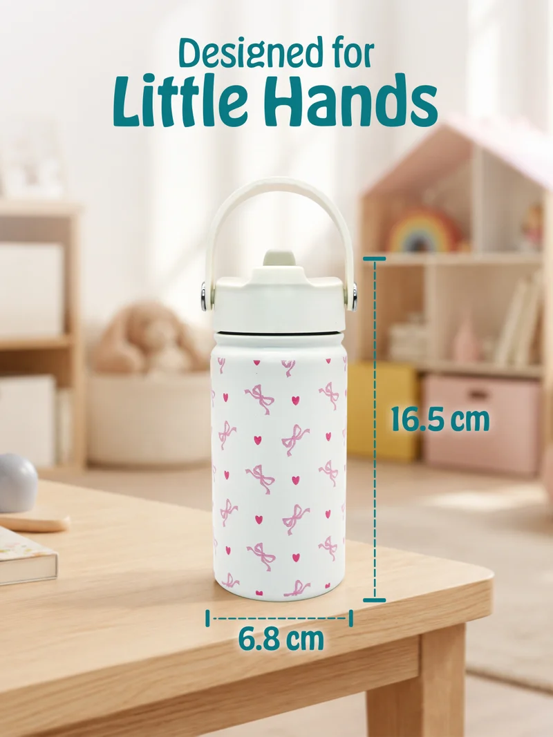 Babies Basic Babies Basic Kids Stainless Steel Water Bottle with Straw - 400ml – Double Wall Vacuum Insulated, Leakproof Thermal Flask, BPA-Free, Reusable Drinking Bottle for School & Travel - Bows Themed - Off White