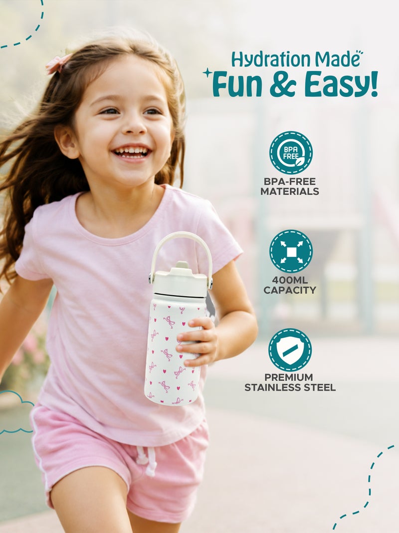 Babies Basic Kids Stainless Steel Water Bottle with Straw - 400ml – Double Wall Vacuum Insulated, Leakproof Thermal Flask, BPA-Free, Reusable Drinking Bottle for School & Travel - Bows Themed - Off White - Image 3