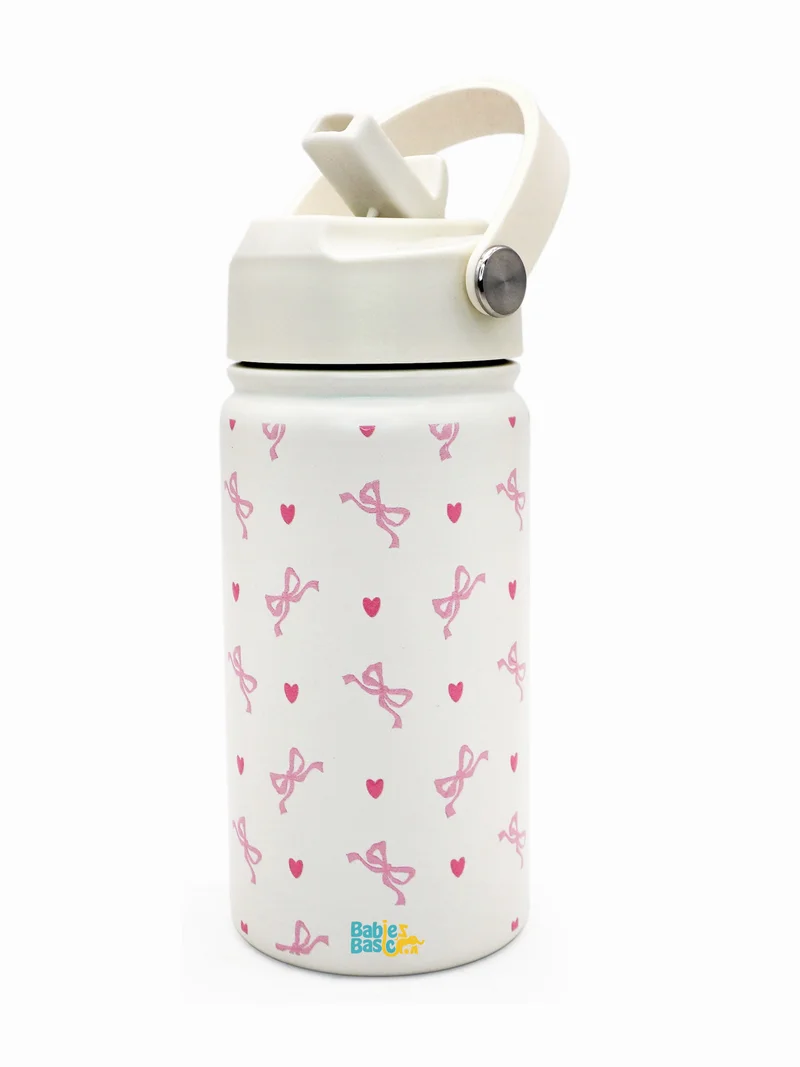 Babies Basic Babies Basic Kids Stainless Steel Water Bottle with Straw - 400ml – Double Wall Vacuum Insulated, Leakproof Thermal Flask, BPA-Free, Reusable Drinking Bottle for School & Travel - Bows Themed - Off White