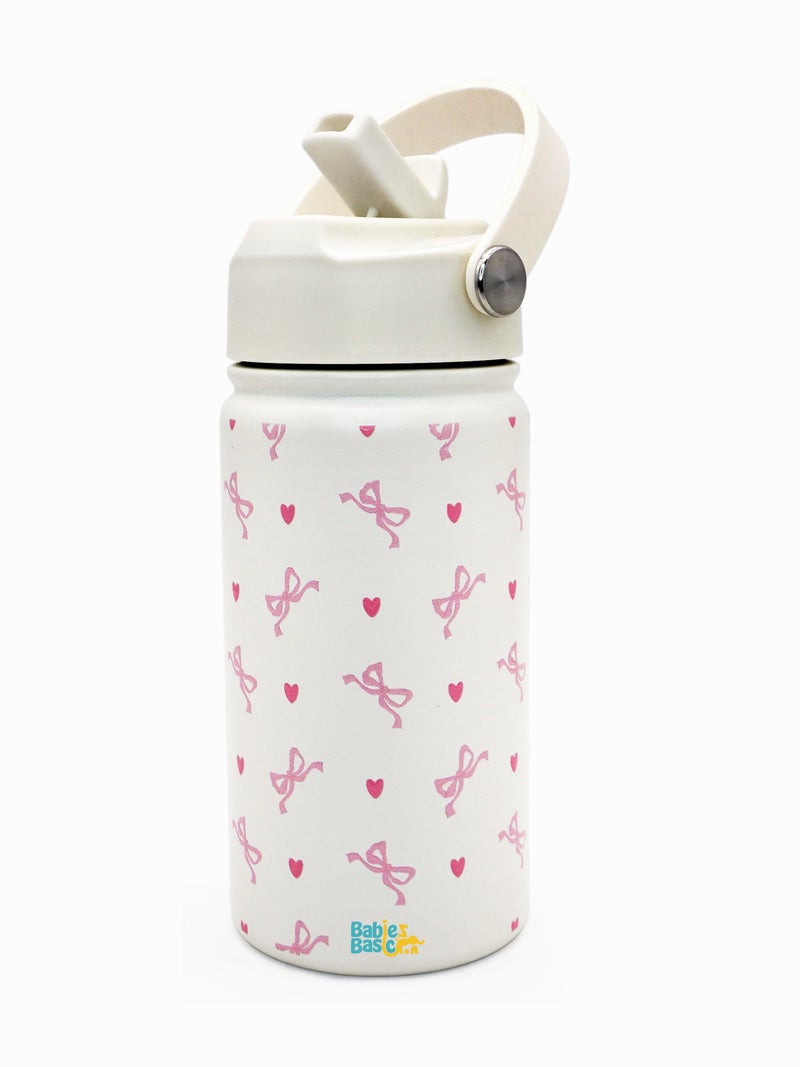 Babies Basic Kids Stainless Steel Water Bottle with Straw - 400ml – Double Wall Vacuum Insulated, Leakproof Thermal Flask, BPA-Free, Reusable Drinking Bottle for School & Travel - Bows Themed - Off White - Image 1