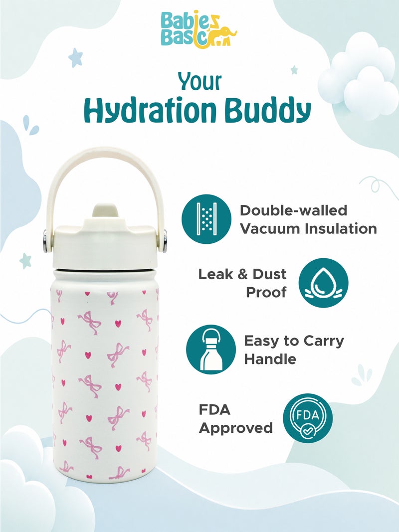Babies Basic Kids Stainless Steel Water Bottle with Straw - 400ml – Double Wall Vacuum Insulated, Leakproof Thermal Flask, BPA-Free, Reusable Drinking Bottle for School & Travel - Bows Themed - Off White - Image 5